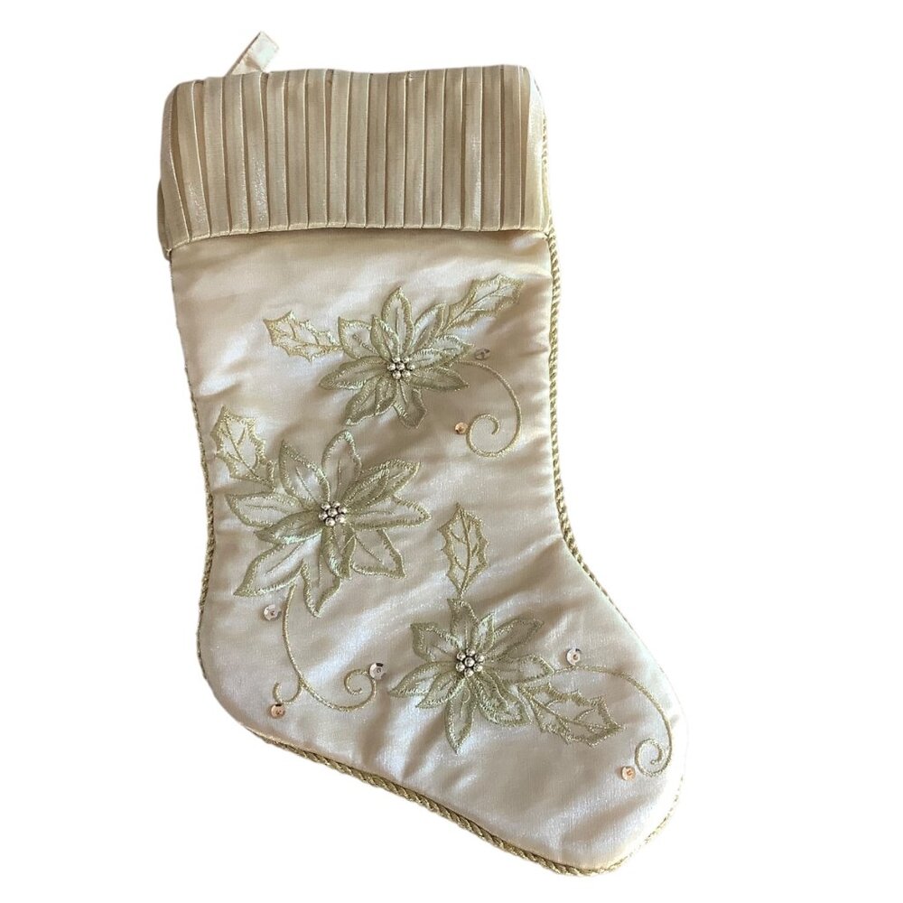 Elegant Embroidered Beaded Christmas Stocking Gold Floral‎ Pleated Cuff 18.5”
